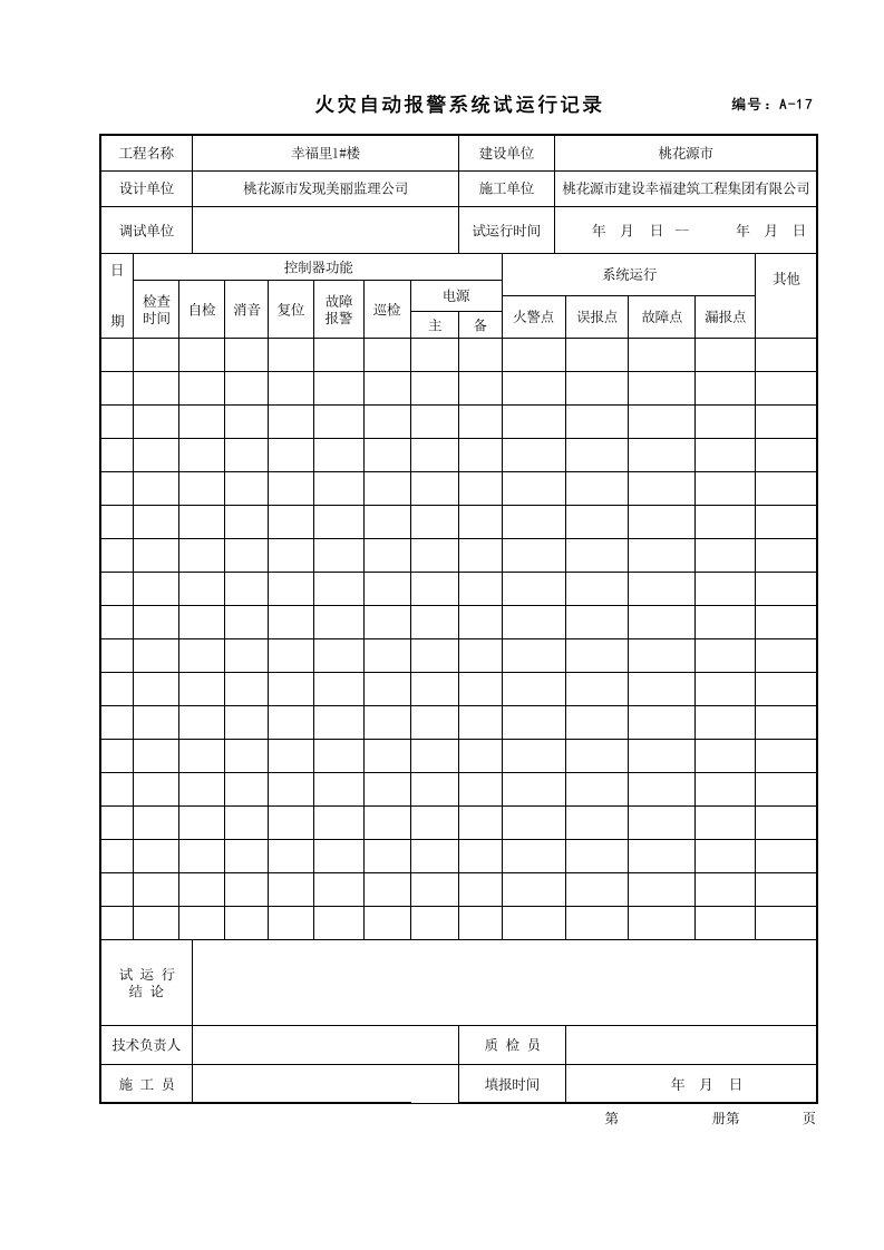 火灾自动报警系统试运行记录（消防工程）