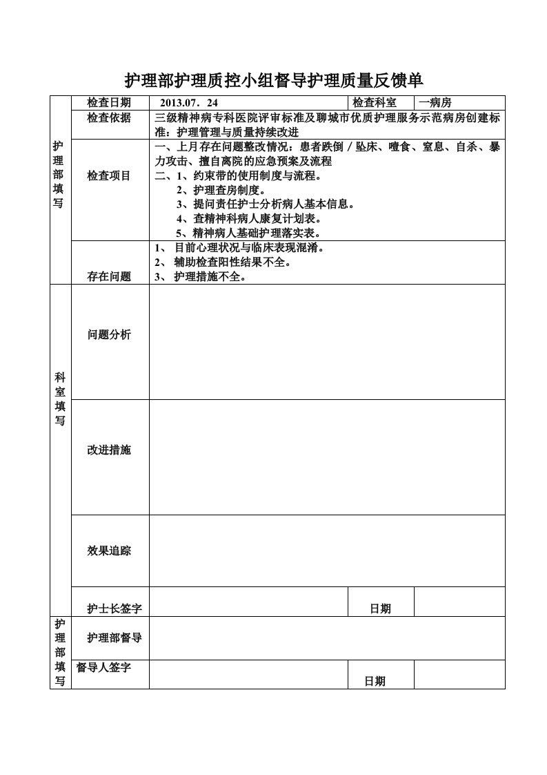 护理部护理质控小组督导护理质量反馈单教案