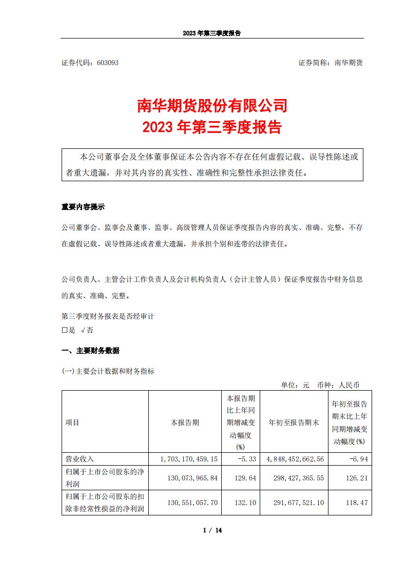 上交所-南华期货股份有限公司2023年第三季度报告-20231017