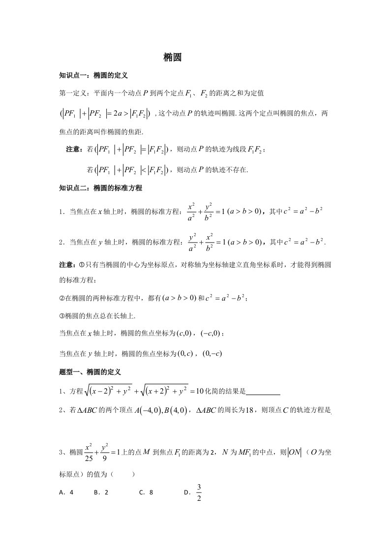 高中数学椭圆知识点与例题