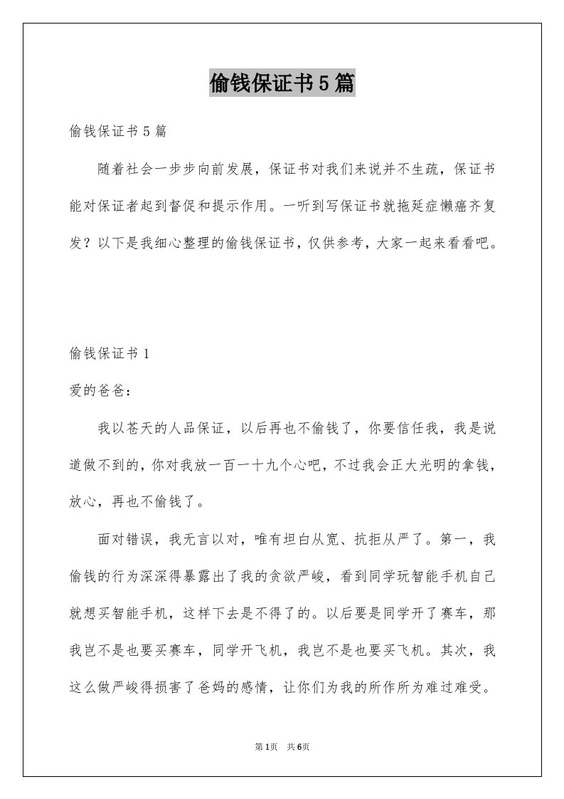 偷钱保证书5篇