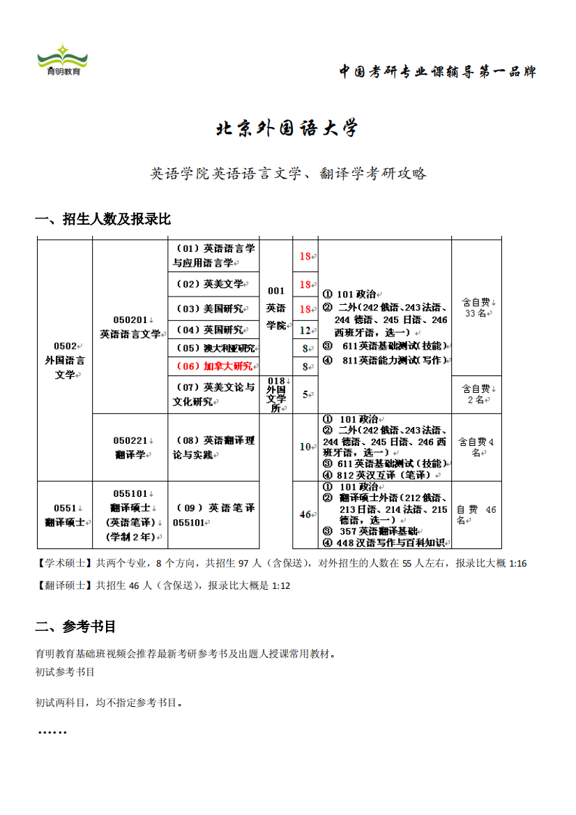 北京外国语大学-英语学院英语语言文学、翻译学考研攻略