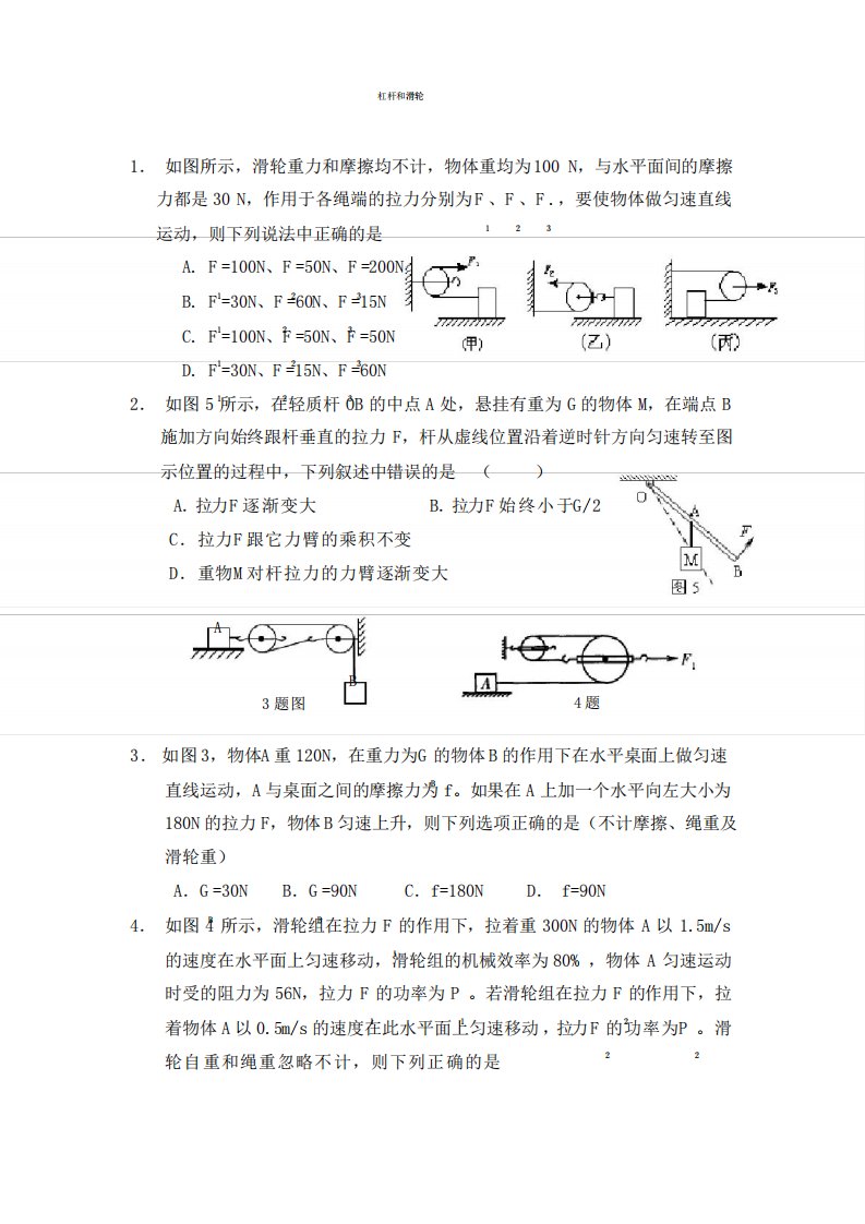 2024年九年级物理中考杠杆和滑轮复习题