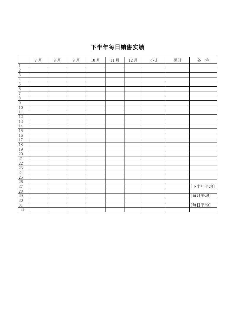 表格模板-下半年每日销售实绩表