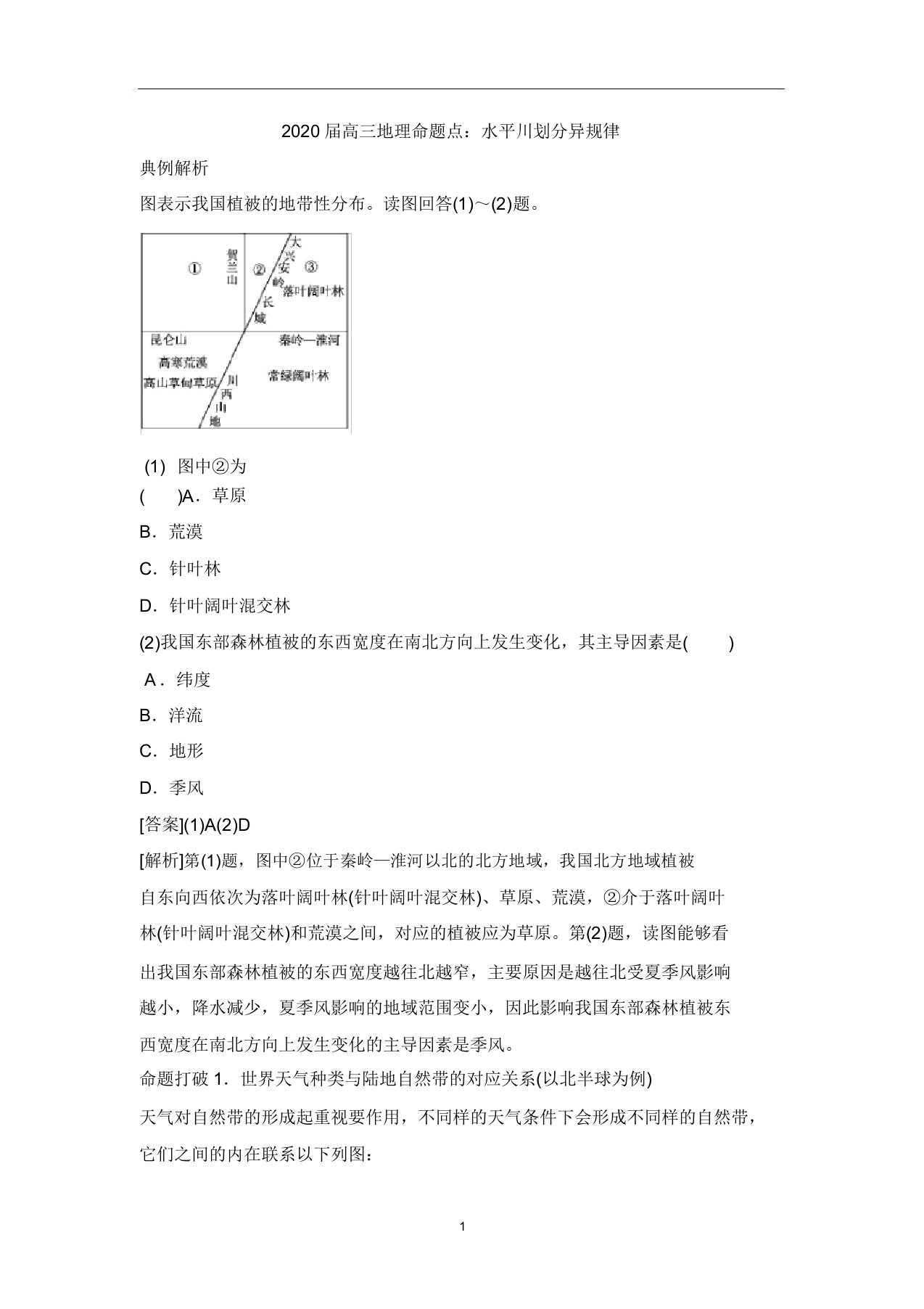 高三地理命题点：水平地域分异规律