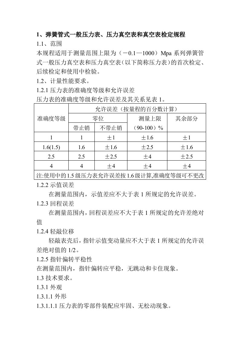 弹簧管式一般压力表压力真空表和真空表检定规程