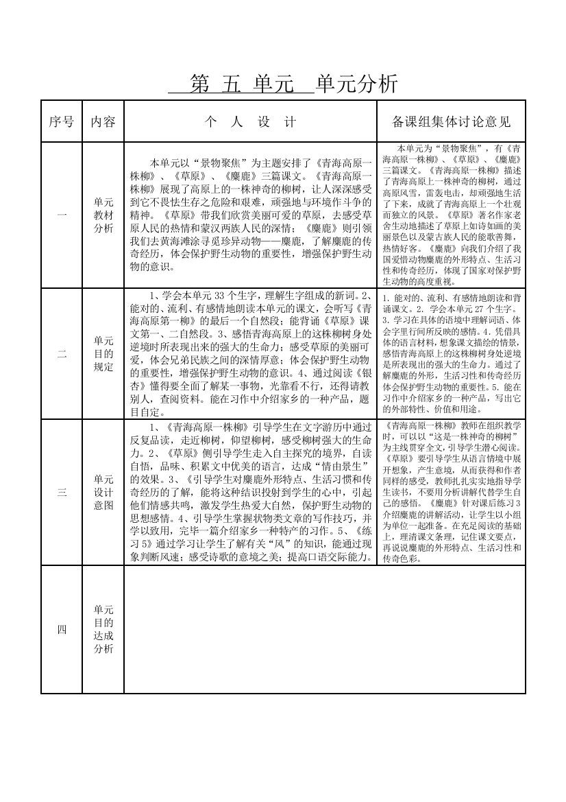 苏教版六语上第五单元表格式教学设计