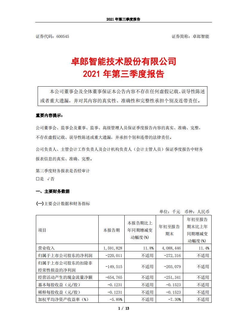 上交所-卓郎智能2021年第三季度报告-20211029