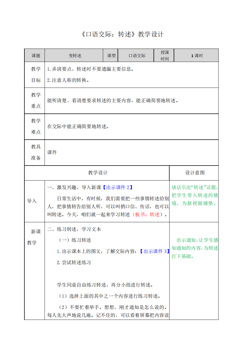 小学语文四年级下册《口语交际：转述》教学设计1