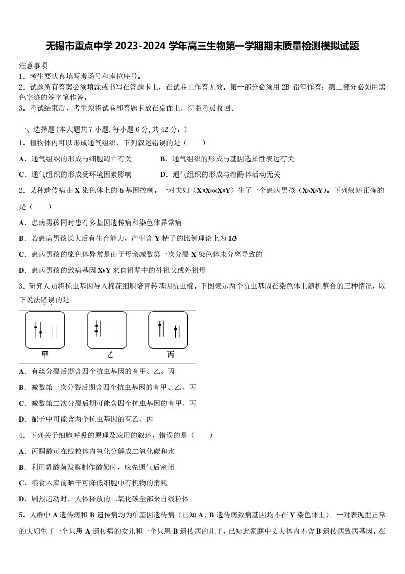 2024学年高三生物第一学期期末质量检测模拟试题含解析