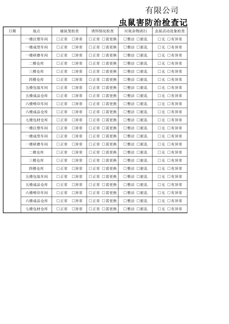 虫鼠害防治检查记录表(验厂)