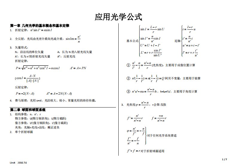 应用光学公式