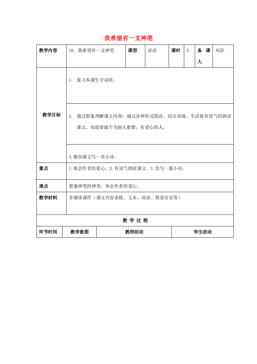 三年级语文下册《我希望有一支神笔》教学设计