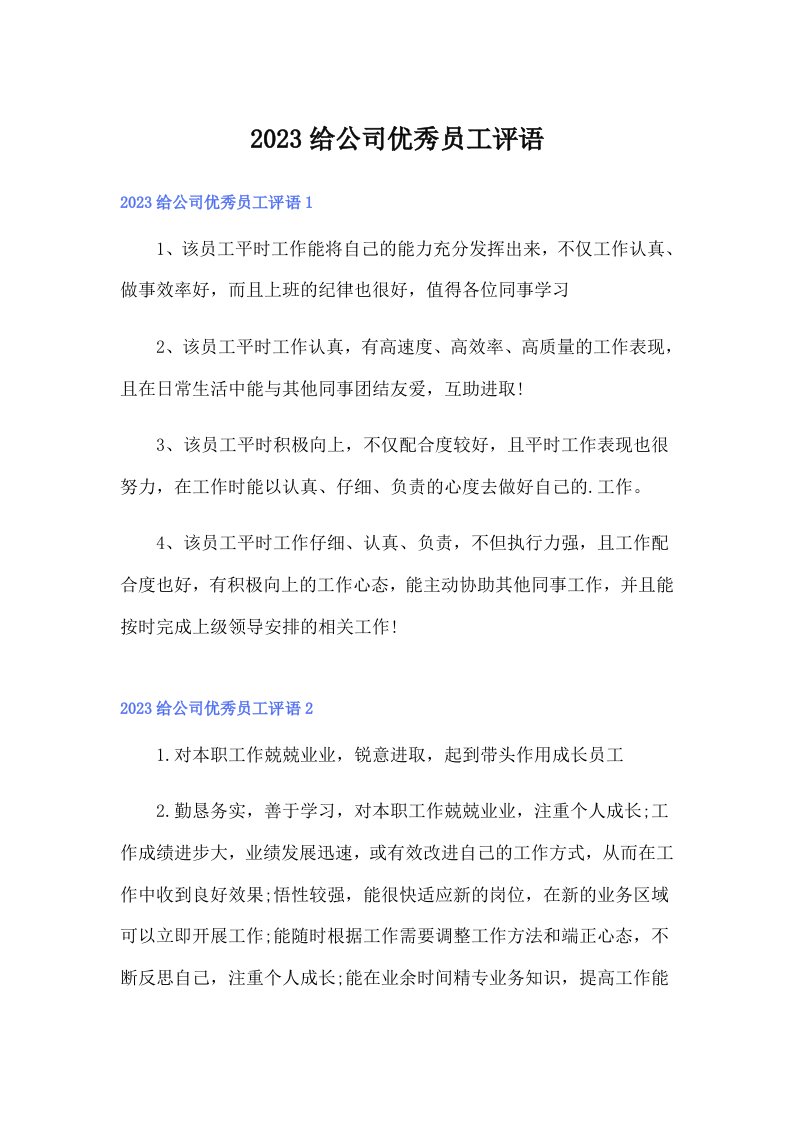 2023给公司优秀员工评语