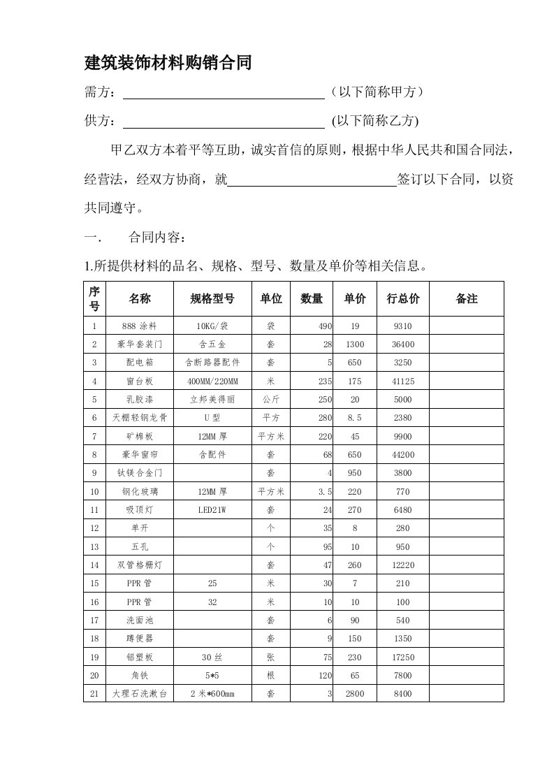 建筑装饰材料购销合同