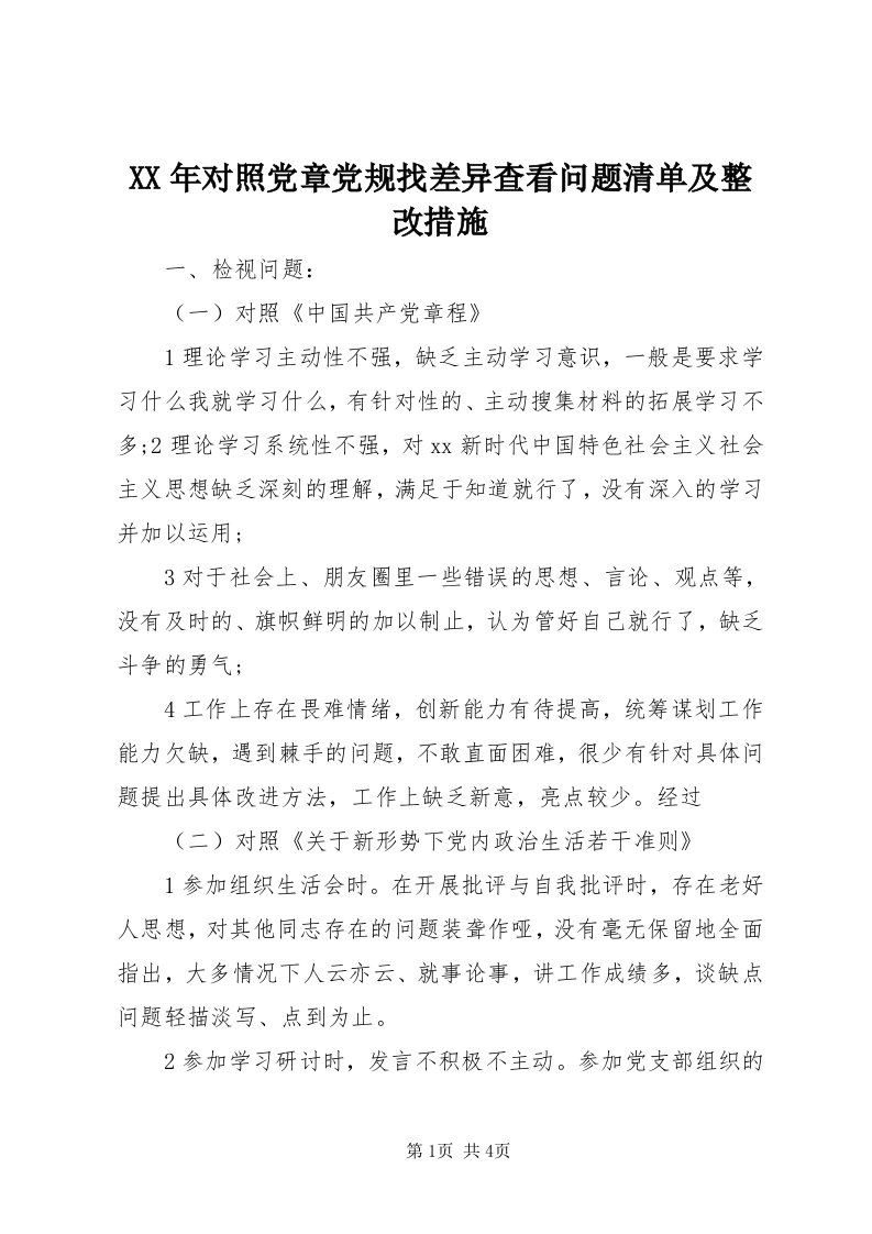 4某年对照党章党规找差异查看问题清单及整改措施