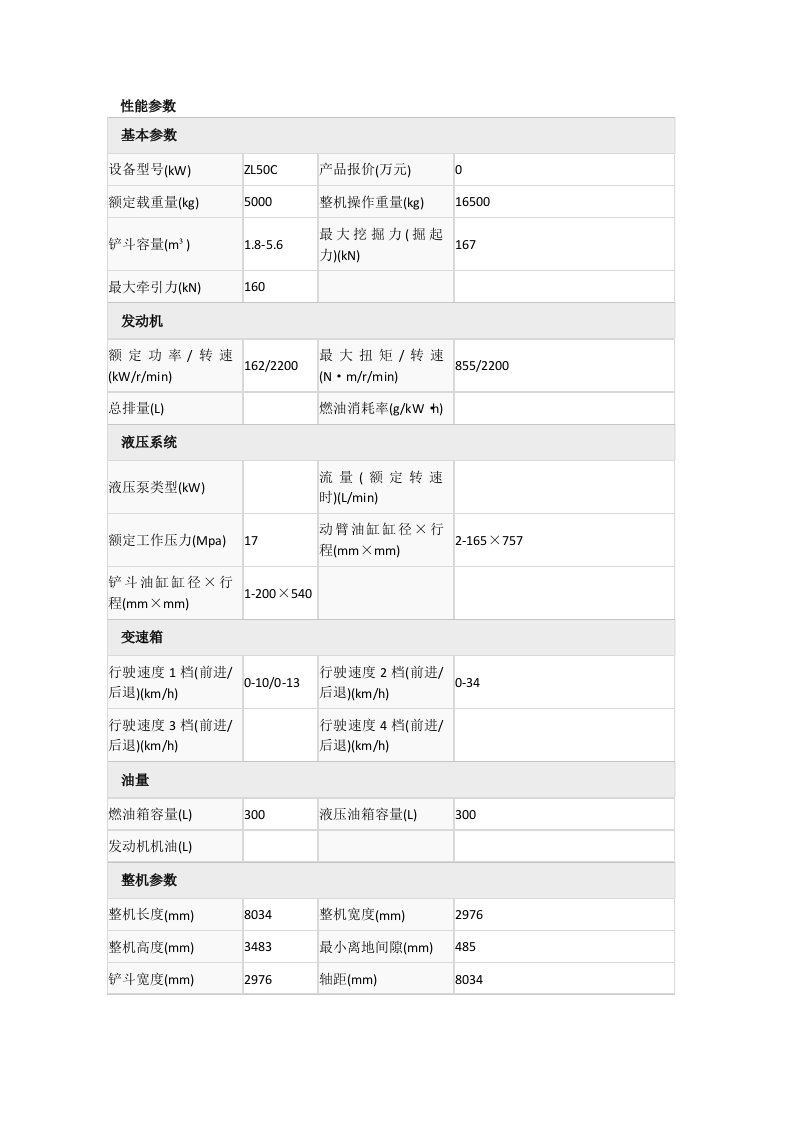 ZL50C装载机参数