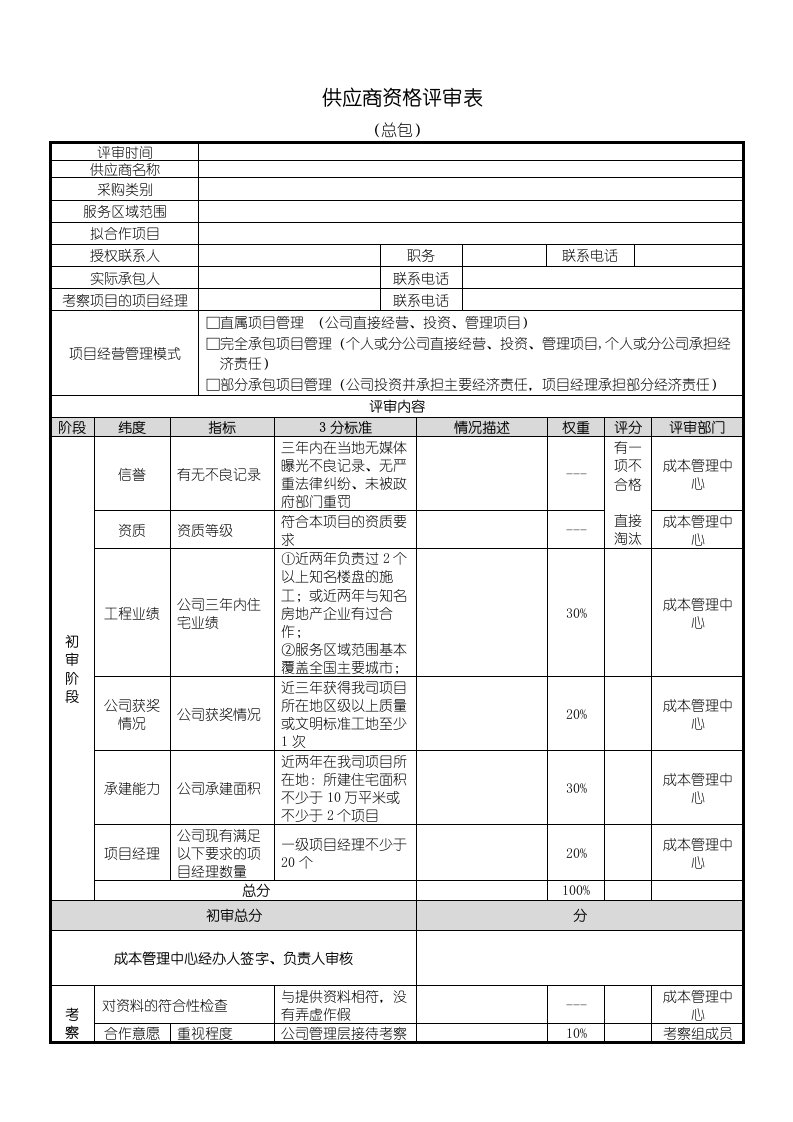 招标采购供应商资格评审表