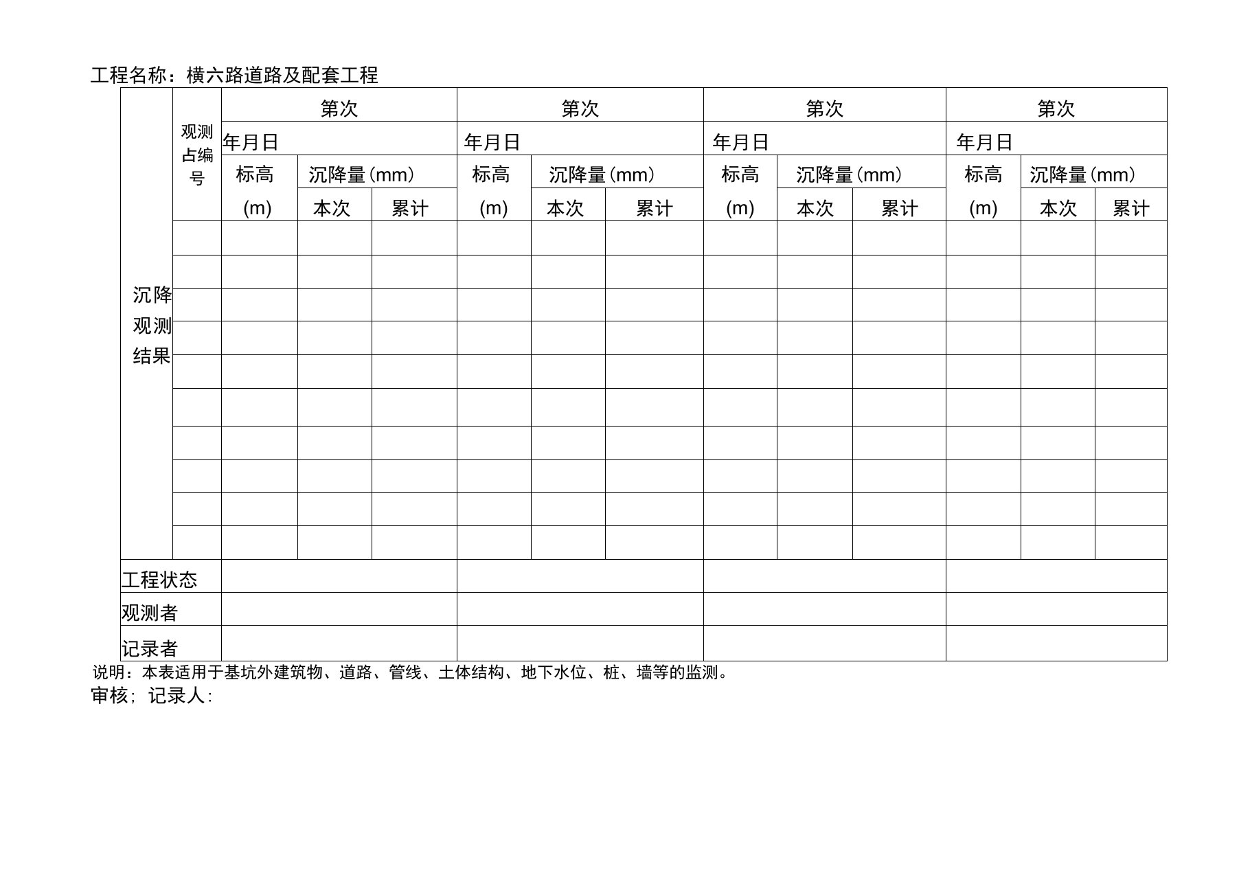 高边坡沉降观测记录表