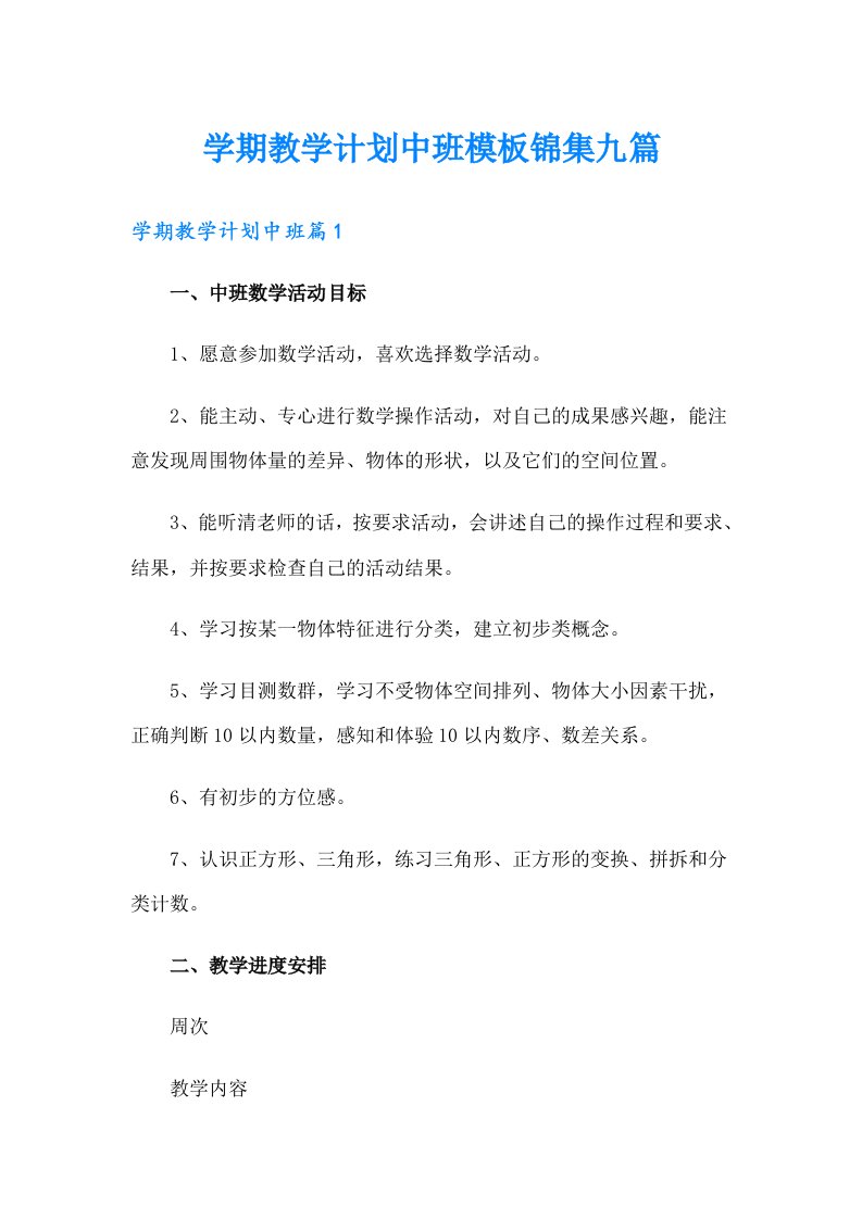 学期教学计划中班模板锦集九篇