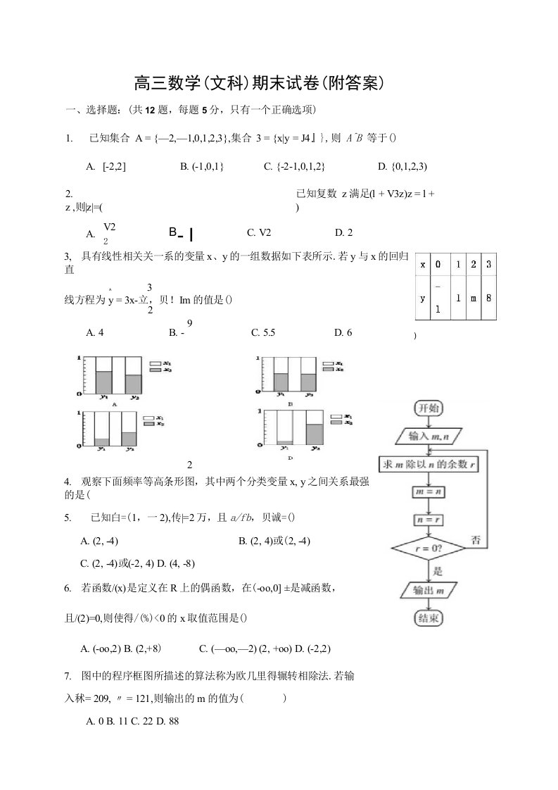 高三数学（文科）期末试卷（附答案）