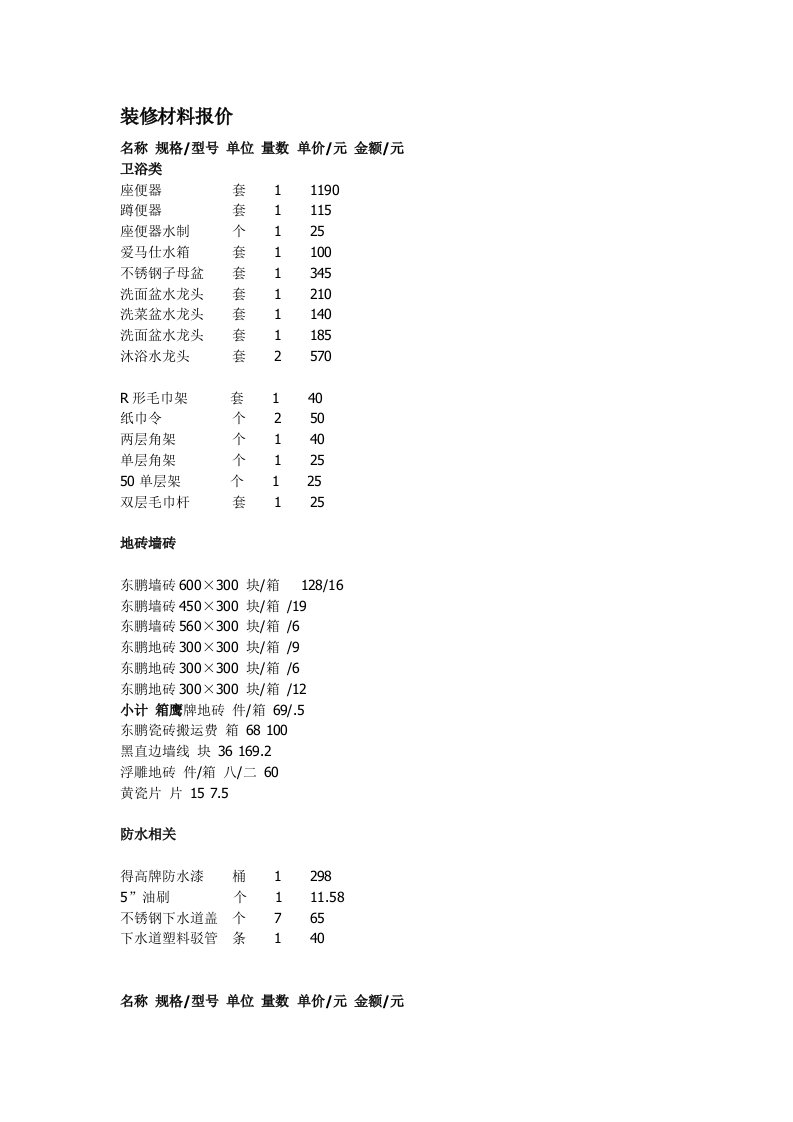 建筑工程管理-装修材料报价按材料