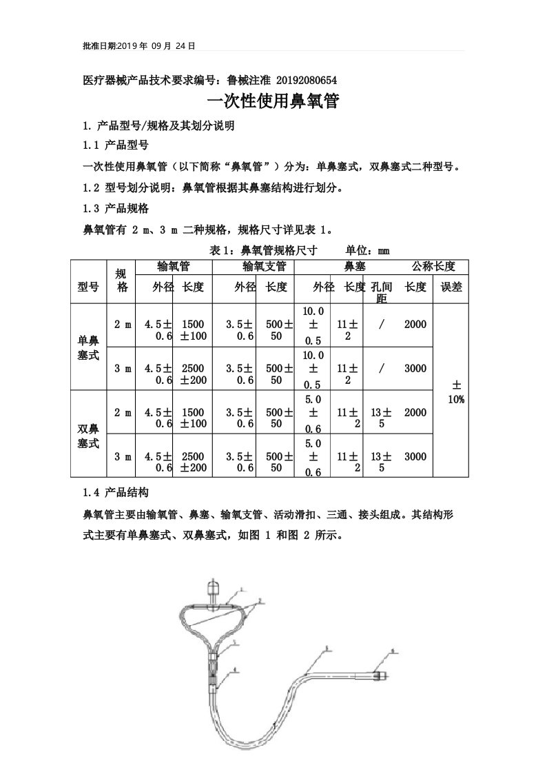 一次性使用鼻氧管产品技术要求