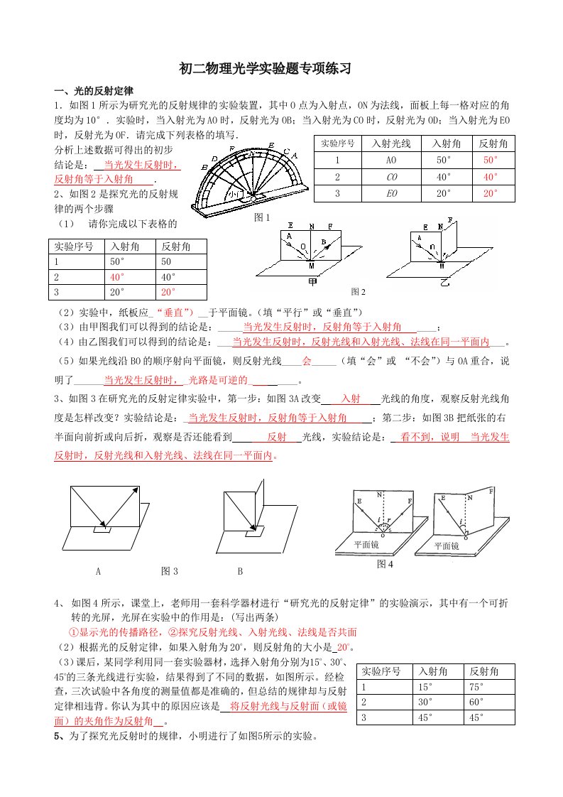 初二物理光学实验题专项练习【含答案】