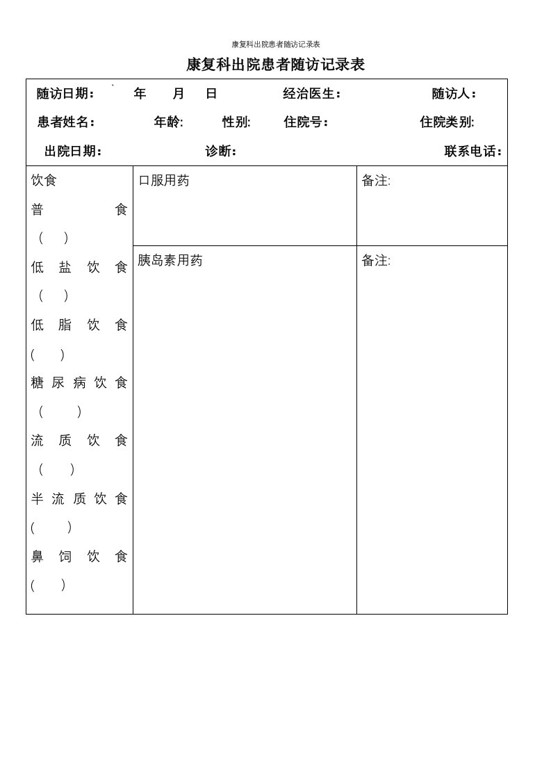 康复科出院患者随访记录表