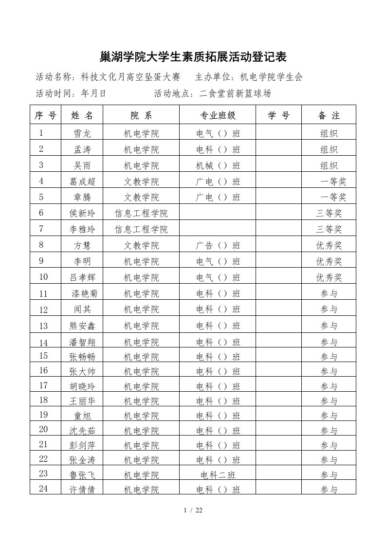 巢湖学院大学生素质拓展活动登记表