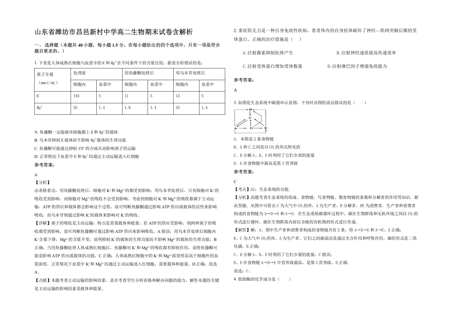 山东省潍坊市昌邑新村中学高二生物期末试卷含解析