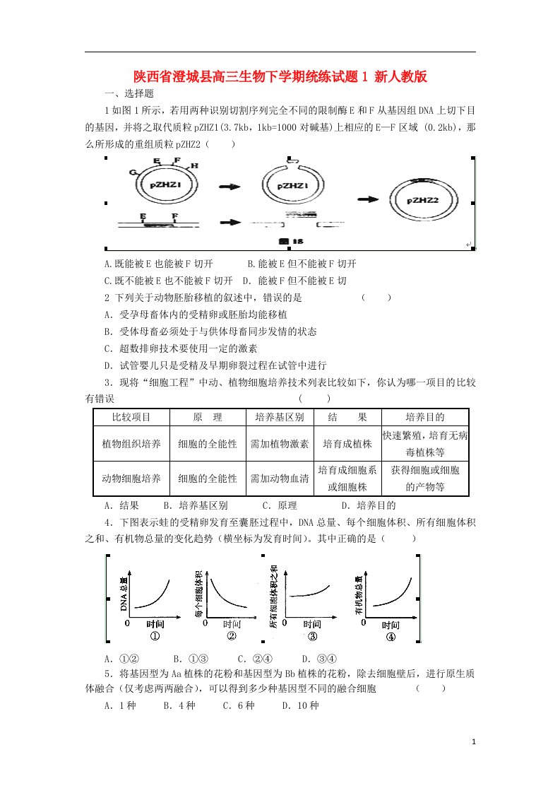 陕西省澄城县高三生物下学期统练试题1