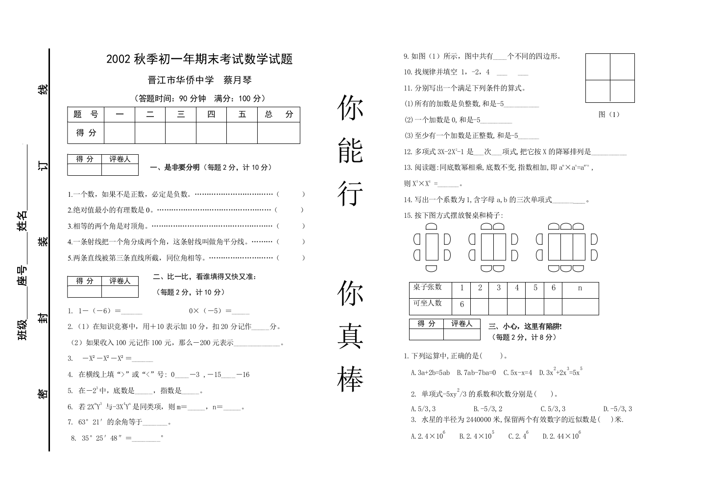 【小学中学教育精选】晋江华侨中学02年７上期末