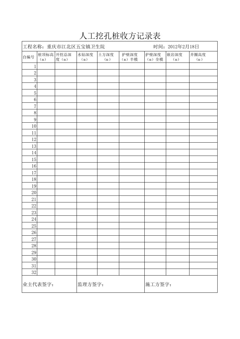 人工挖孔桩收方表(通用)