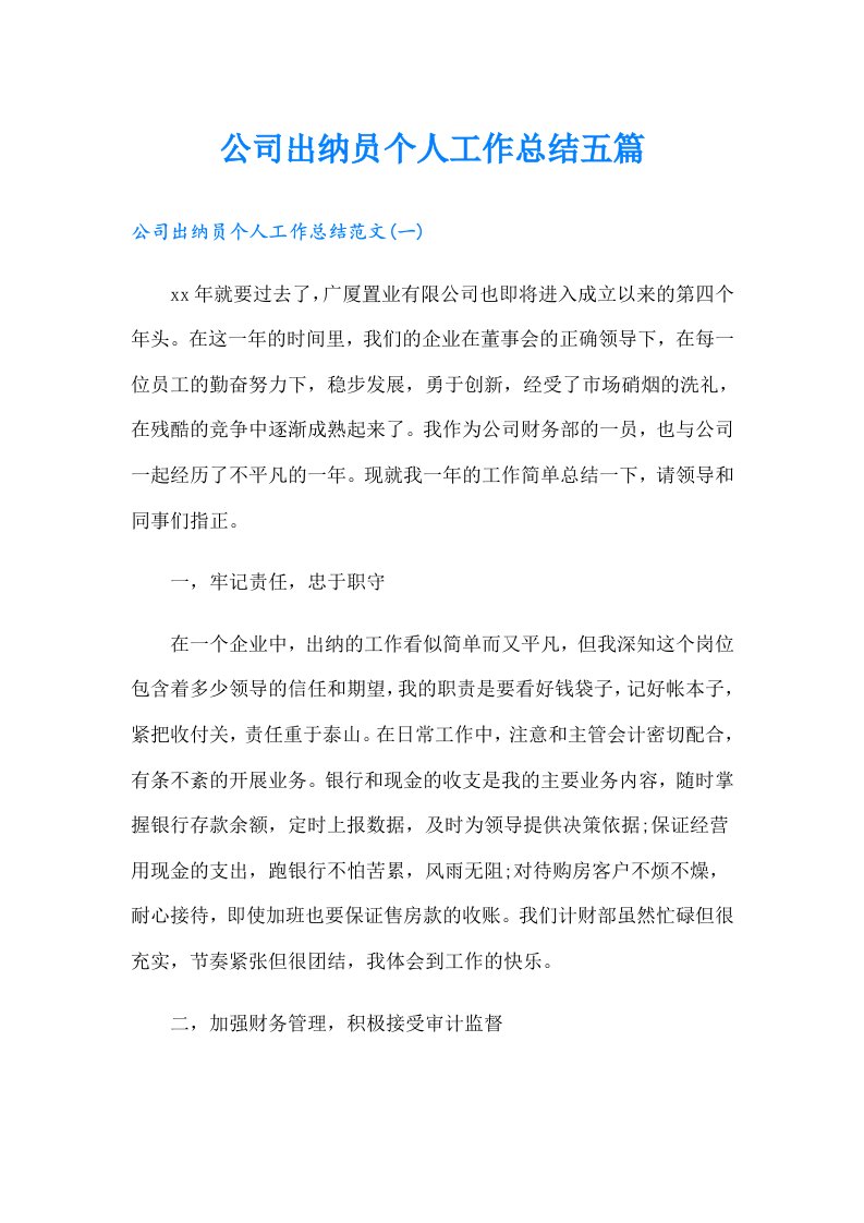 公司出纳员个人工作总结五篇