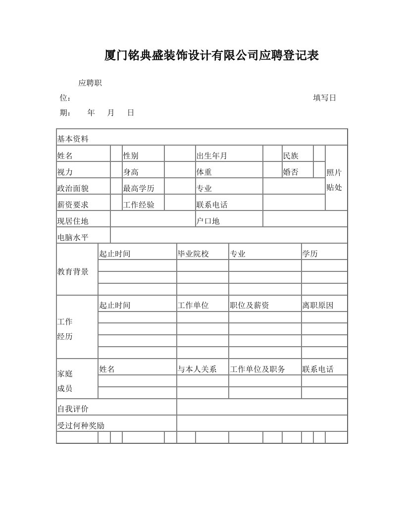 最实用公司人员应聘简历登记表