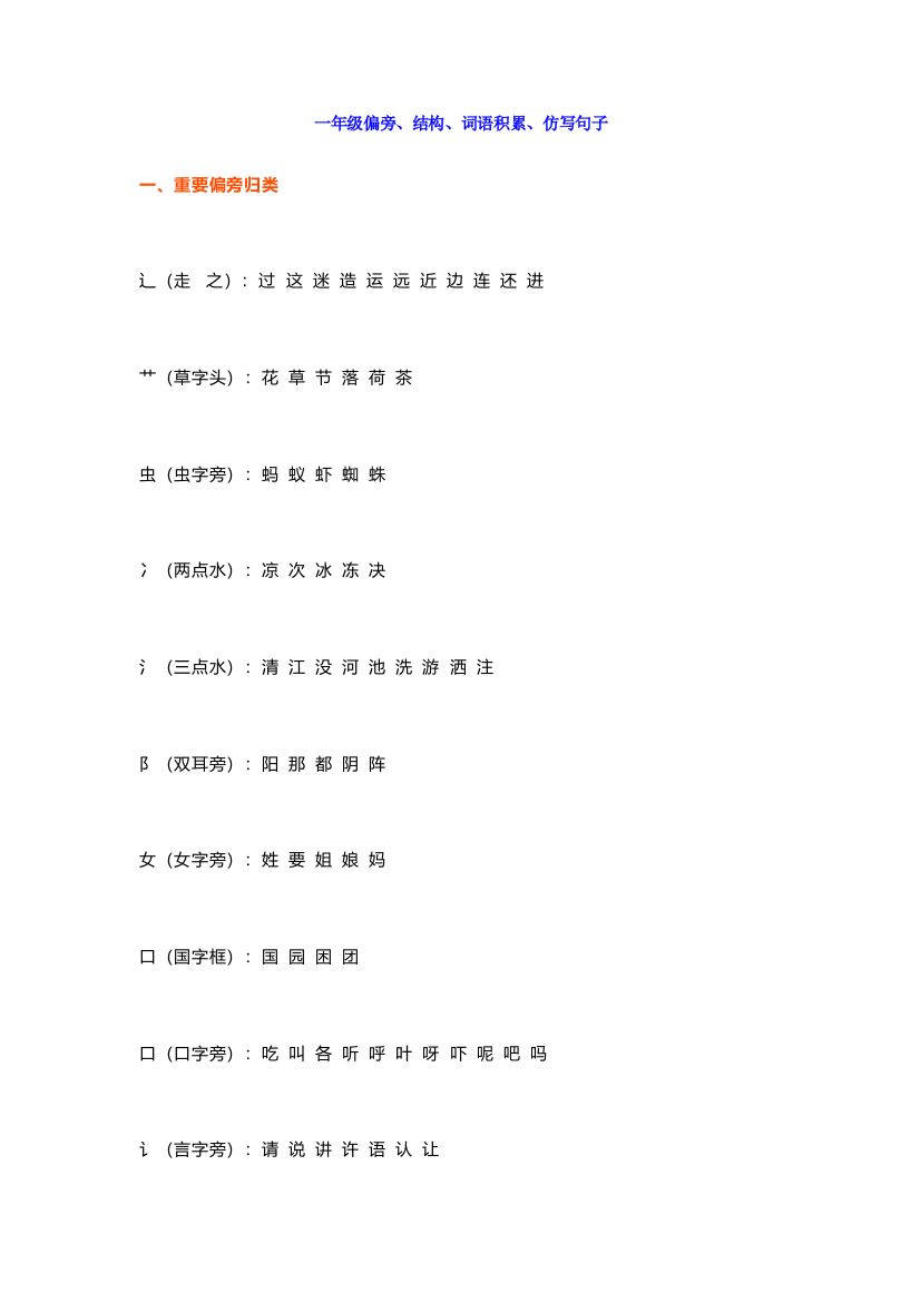 【小学语文】部编版语文一年级偏旁、结构、词语积累、仿写句子归纳