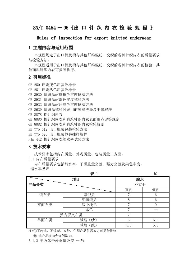 SNT0454出口针织内衣检验规程