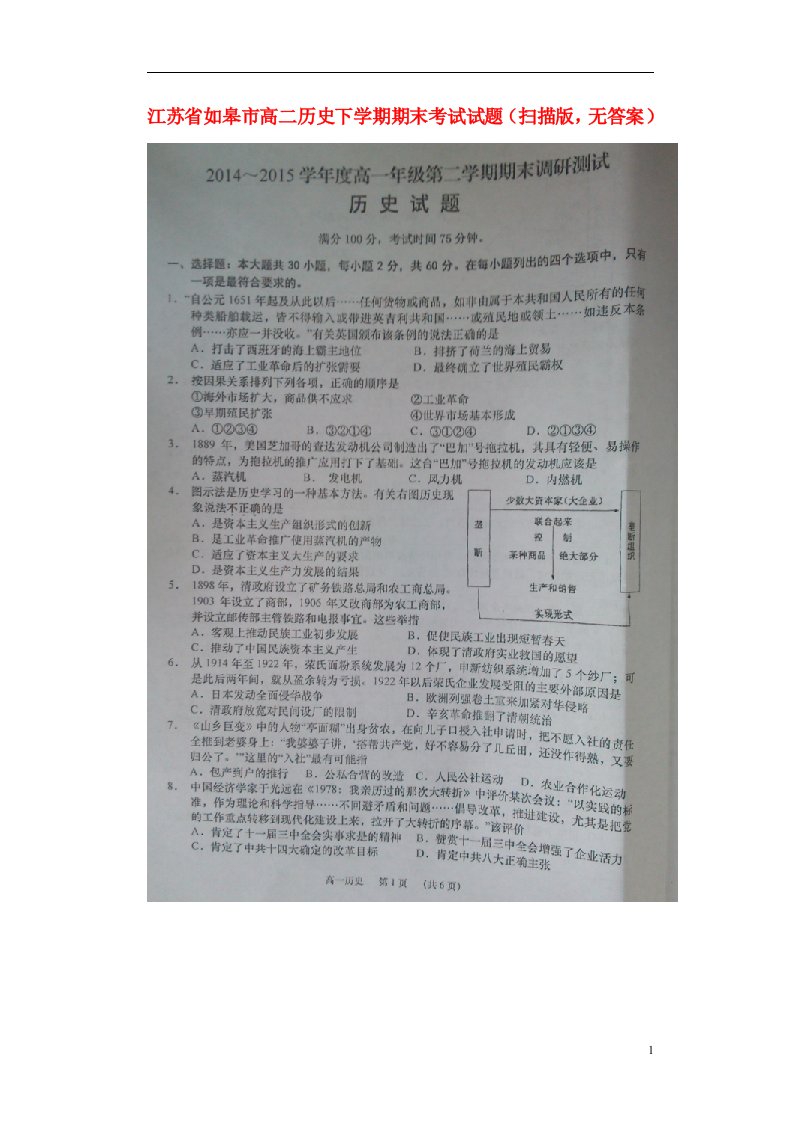 江苏省如皋市高二历史下学期期末考试试题（扫描版，无答案）