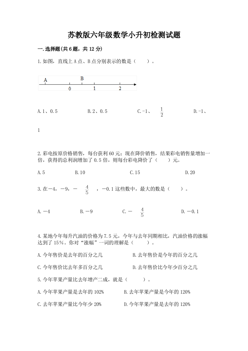 苏教版六年级数学小升初检测试题（名师系列）