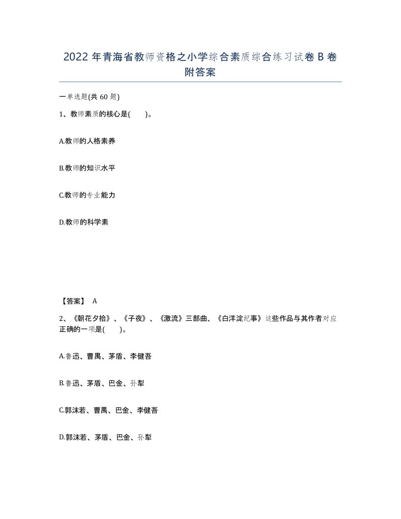 2022年青海省教师资格之小学综合素质综合练习试卷B卷附答案