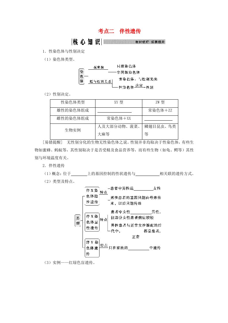 2025届高考生物一轮总复习学生用书必修2第五单元遗传的基本规律伴性遗传与人类遗传病第25讲基因在染色体上及伴性遗传考点二伴性遗传