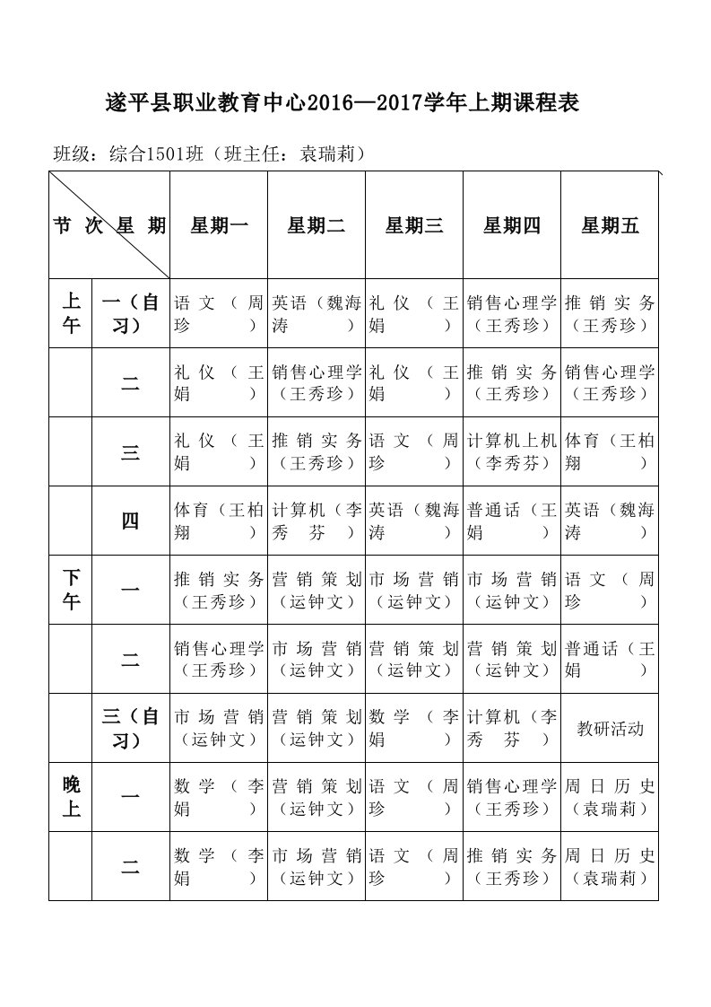 烹饪综合专业组各班课程表