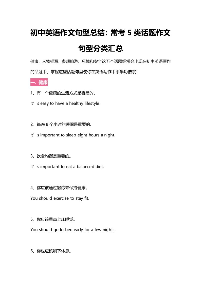 初中英语作文句型总结常考5类话题作文句型分类汇总