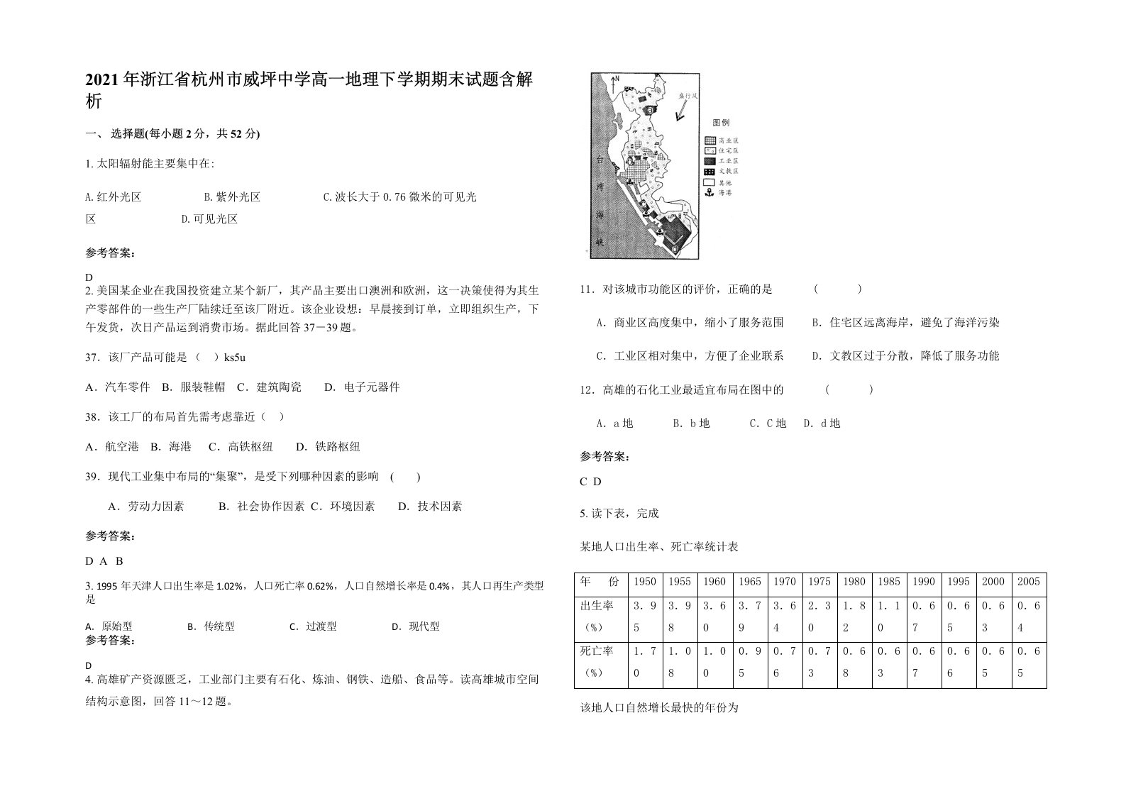 2021年浙江省杭州市威坪中学高一地理下学期期末试题含解析