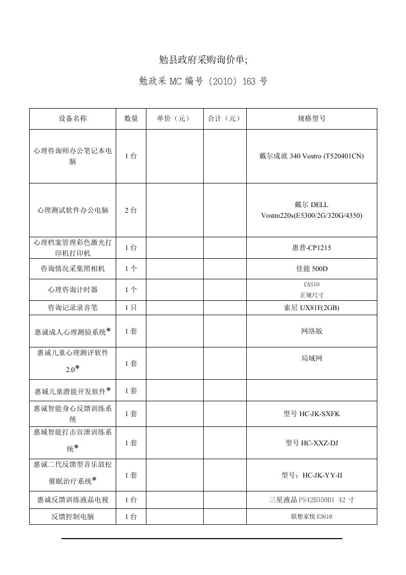 精选勉县政府采购询价单