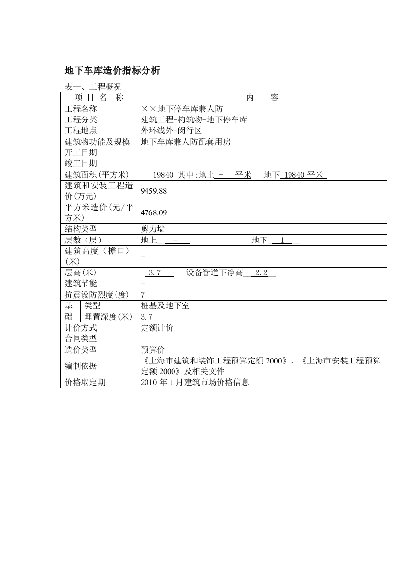 地下车库(兼人防)造价指标分析