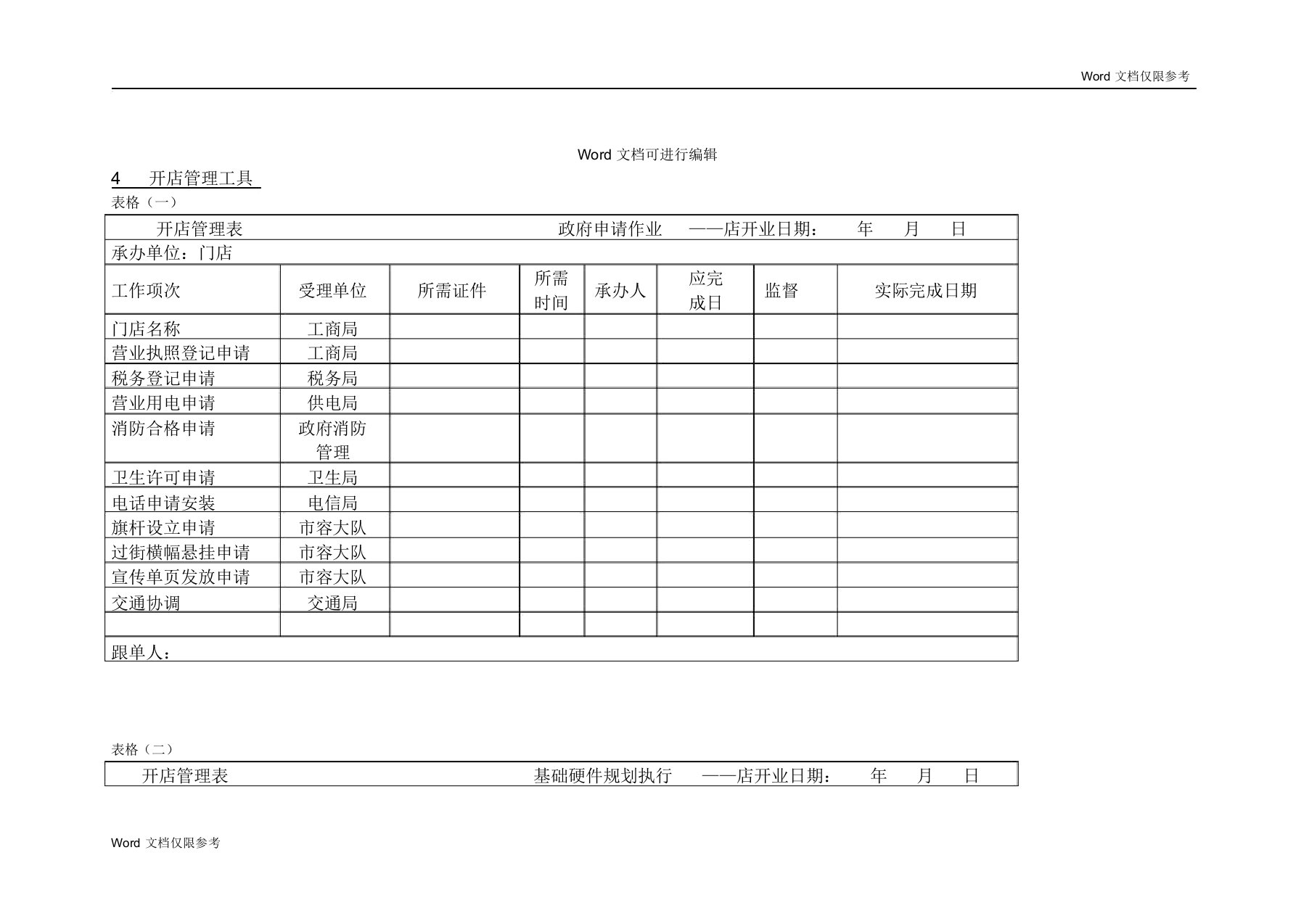 开店管理表