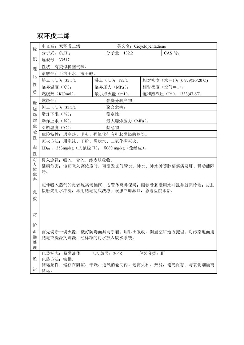 双环戊二烯(MSDS)安全技术说明书