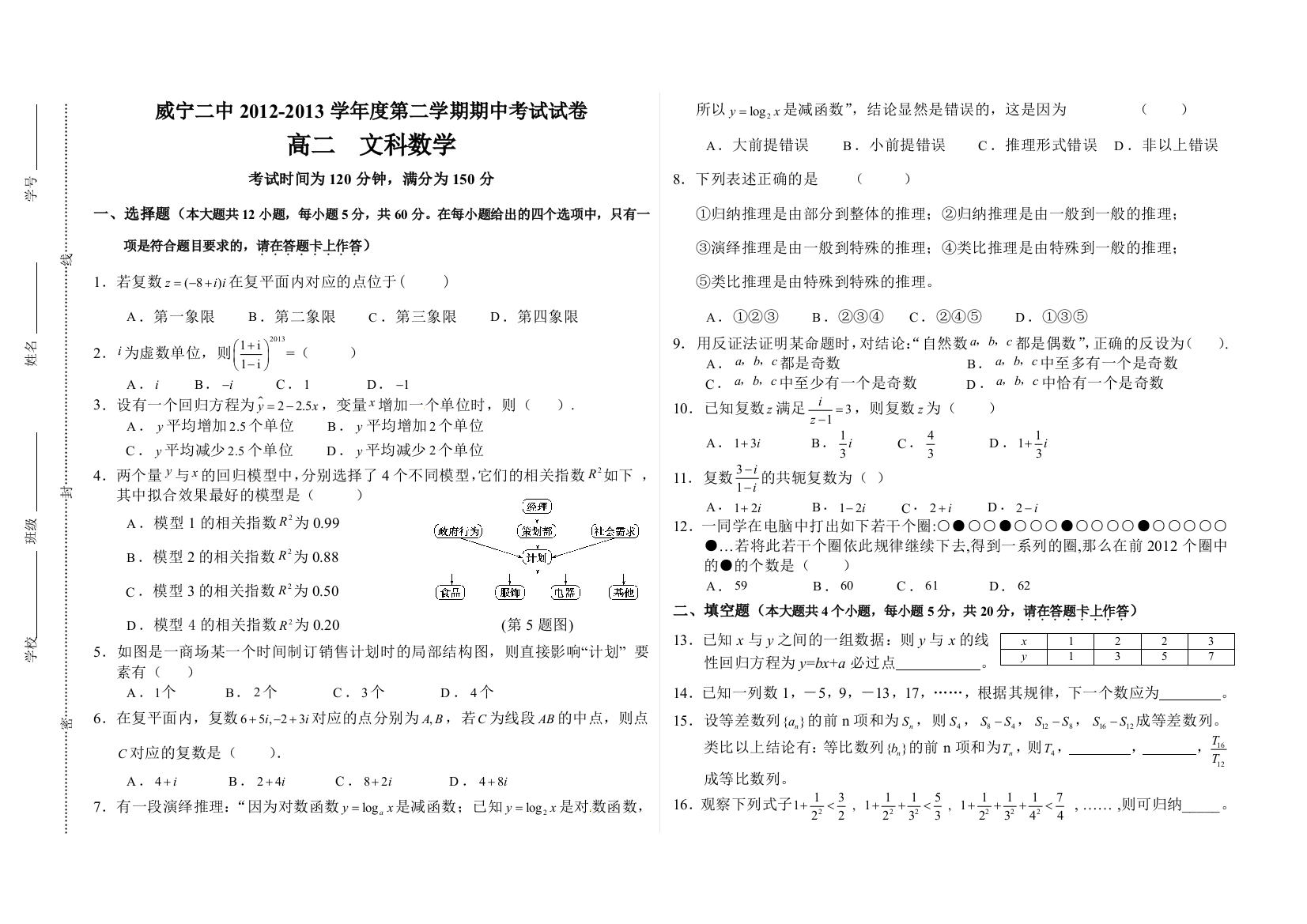 2012度第二学期期中测试试卷高二数学文科选修12含答案